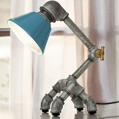 Industrial Robot Table Lamp with Blue Cone Shade in Silver Finish