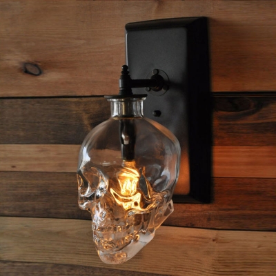 Industrial Wall Sconce Skull, Glass Shade, 1 Light