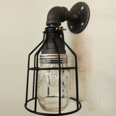 Industrial Wall Sconce with Metal Cage and Glass Jar Shade in Black Finish