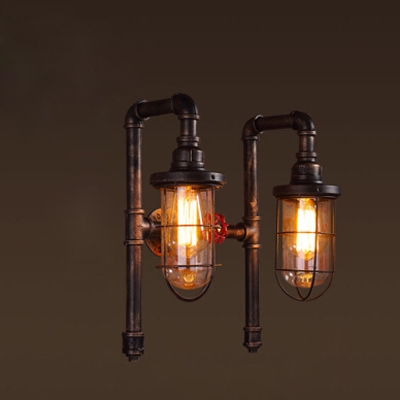 Industrial Nautical Wire Cage Wall Sconce in Rust Finish with Valve Accent, 2 Lights