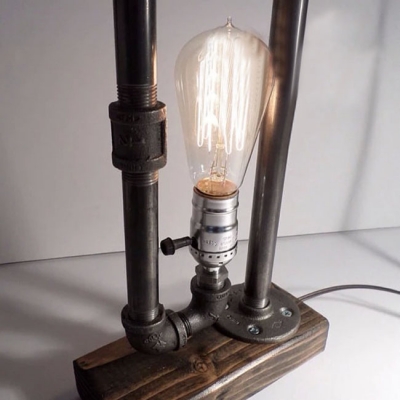 Industrial Rectangle Pipe Table Lamp in Black Finish with Wooden Base Accent