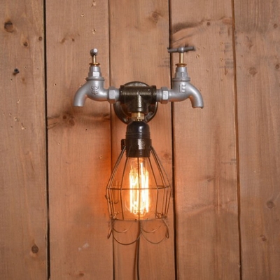 Industrial Tap Wall Sconce with Wire Cage Shade, 6.3'' Width
