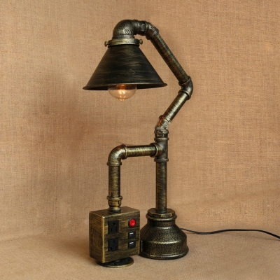 Industrial Antique Bronze Table Lamp with Conical Shade with Socket and USB Port Accent