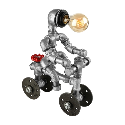 Industrial Plumbing Robot Table Lamp in Silver Finsh wiht Valve and Wheel Accent