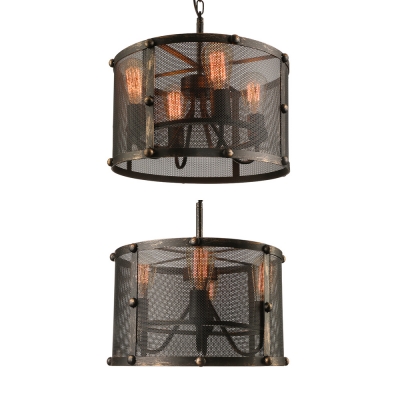 Retro Black Finished Four Light Pendant Chandelier in Drum Shape