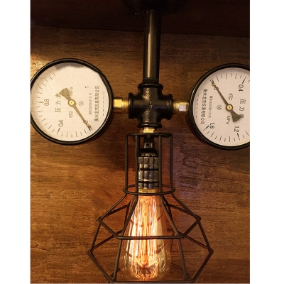 Indsutrial Pressure Gauge Semi Flush Mount with Metal Cage Shade in Black Finish