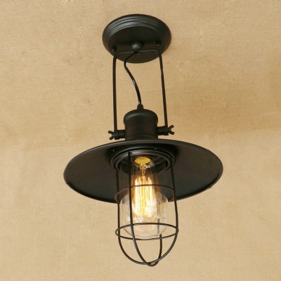 Industrial Hanging Pendant Light with Flared Shade Wire Metal Cage in Black