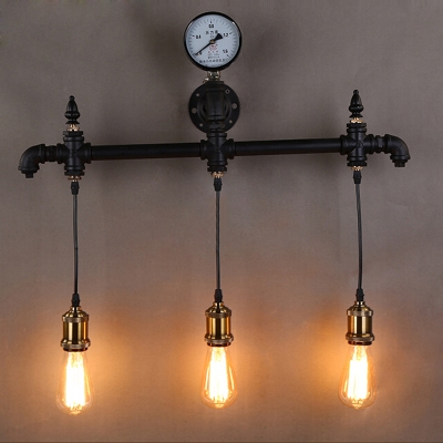 Industrial Pipe Wall Sconce in Black Finish with Pressure Gauge Accent, 26'' Width 3 Lights