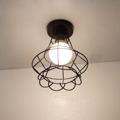 Industrial Flushmount Ceiling Light with Flower Basket Shade Metal Cage