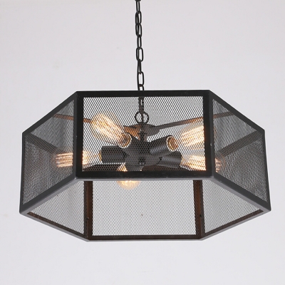 Industrial Pendant Chandelier 5 Light with Hexagon Mesh Cage in Black