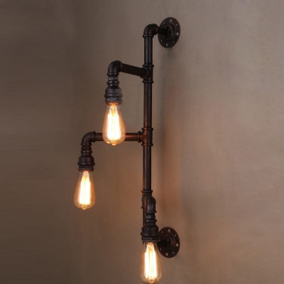 Industrial Pipe Wall Sconce with Bare Edison Bulbs, 3 Lights Downlighting