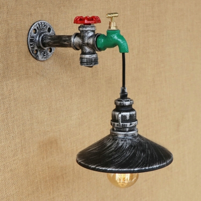 Industrial Tap Wall Sconce with Black Cone Shade, 11'' Height