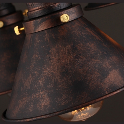 Industrial Water Pipe Chandelier in Rust Iron with Cone Shade 5 Lights