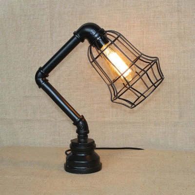 Industrial Pipe Table Lamp with Black Metal Cage, 15.7'' Height