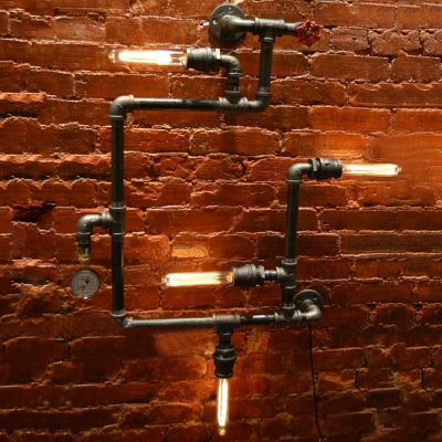 Industrial Pipe Wall Sconce in Black Finish with Valve and Pressure Gauge Accent, 4 Lights