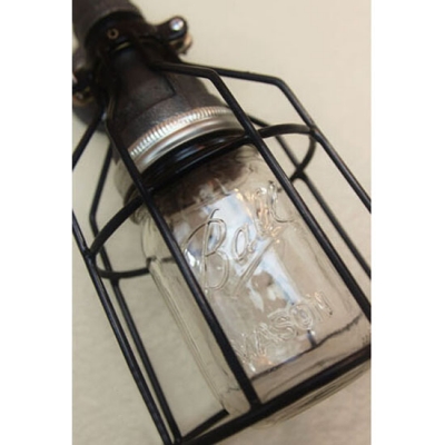 Industrial Wall Sconce with Metal Cage and Glass Jar Shade in Black Finish