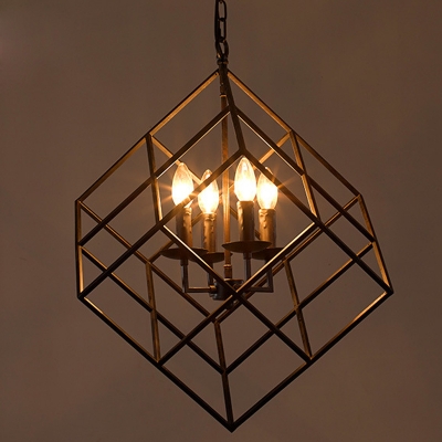 Industrial Candelabra Chandelier with Square Shade in Rust
