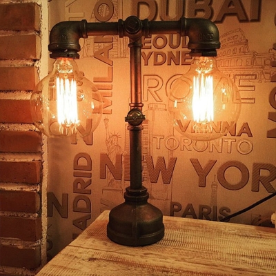 Industrial Metal Pipe Table Lamp, Double Light 16.5'' Height