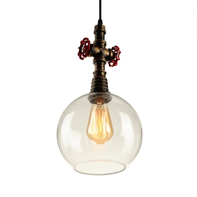 Industrial Water Valve Pendant Light in Antique Bronze Finish with Globe Glass Shade