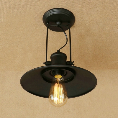 Rotatable Industrial Semi Flush Light in Shallow Round Shade Metal Ceiling Light in Black Finish