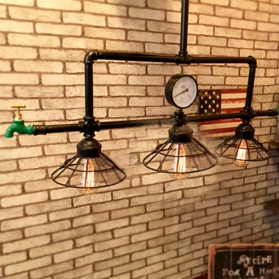 Industrial Pipe Island Light with Pressure Gauge and Tap Accent in Cone Shape, 3 Lights