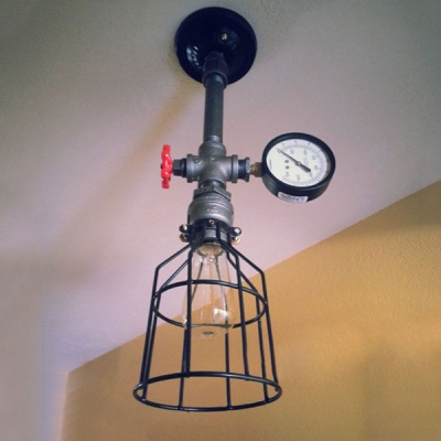 Industrial Wire Cage Shade Semi Flush Mount with Pressure Guage and Valve Accent