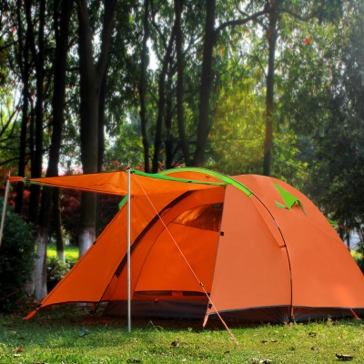 Double Layer Ultralight 4-Person Family Camping 3-Season Aluminum Rod Dome Tent, Orange
