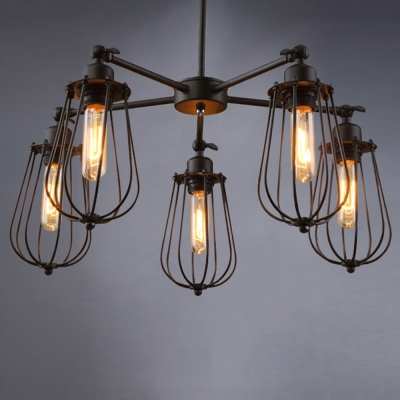 Industrial Chandelier with Cage Style Loft, 5 Light