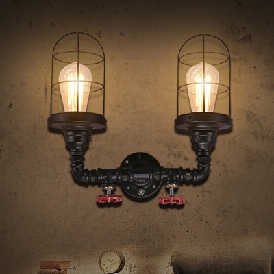 Industrial Nautical Wire Cage Wall Sconce in Black Finish, 2 Lights
