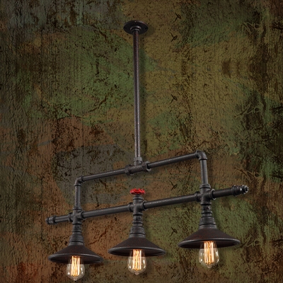 Industrial Valve Island Light in Black Finish with Cone Shade, 3 Lights