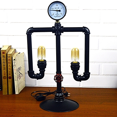 Retro Industrial Table Lamp in Black Finish, 2 Lights Uplighting
