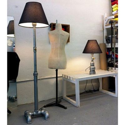 Industrial Pipe Floor Lamp in Silver Finsh with Fabric Shade, 59'' Height