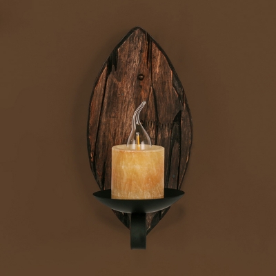 Industrial Mini Wall Sconce with Wooden Lamp Base in Leaf Shape