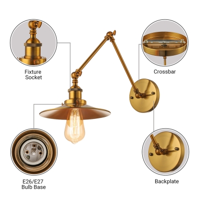 Industrial Wall Lamp with Conical Shade, Natural Brass