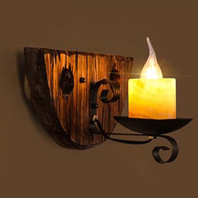 Industrial Mini Wall Lamp with Wooden Lamp Base, in Black Finished