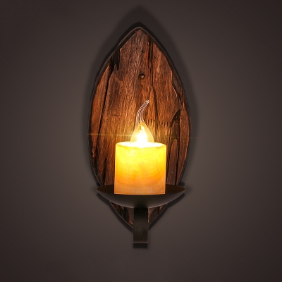 Industrial Mini Wall Sconce with Wooden Lamp Base in Leaf Shape