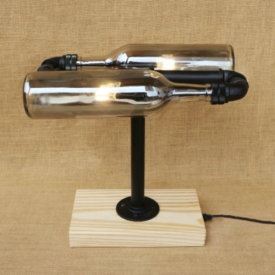 Industrial Pipe Table Lamp with Wood Base in Jar Shape, 2 Lights