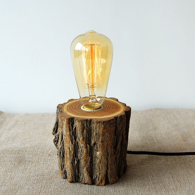 Industrial tabletop Lamp with Wood Cylinder Base, Bare Bulb