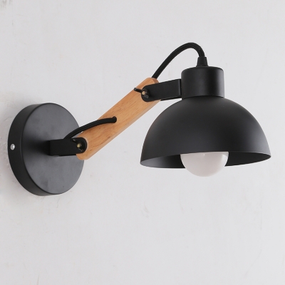Industrial Adjustable Wall Lamp with Wood Arm and Dome Shape Shade
