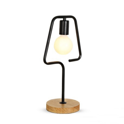 Industrial Table Lamp Wrought Iron Trapezoid Shade with Wooden Base