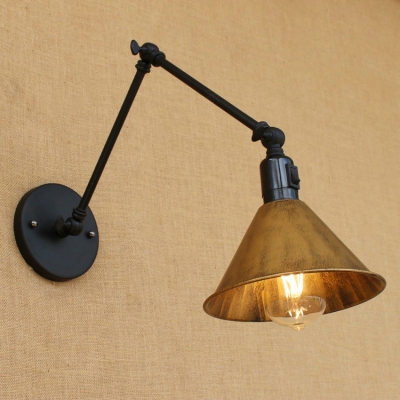 Industrial Swing Arm Wall Sconce with Conical Shade, Heritage Brass