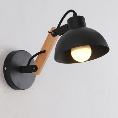 Industrial Adjustable Wall Lamp with Wood Arm and Dome Shape Shade