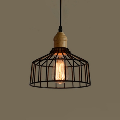 Industrial Indoor Pendant Light with Wire Cage, Black