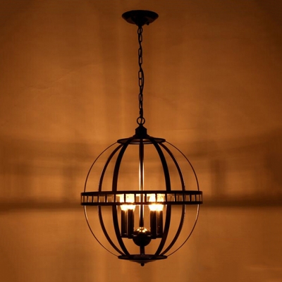 Industrial Orb Chandelier 4 Light with Metal Cage in Black