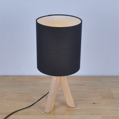 Industrial Table Light with Three Base Legs in Wood, Black Cylinder Shade