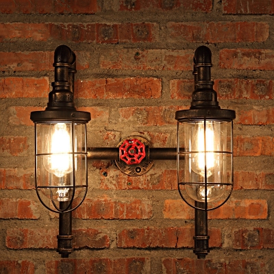 Industrial Wall Sconce Nautical Style with Bronze Metal Cage Frame and Clear Glass Shade