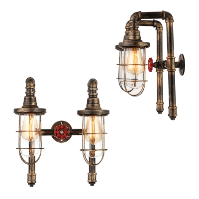 Industrial Wall Sconce Nautical Style with Bronze Metal Cage Frame and Clear Glass Shade