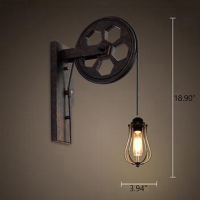 Vintage Wall Lamp with Wheel Shape Arm and Metal Cage, Rust