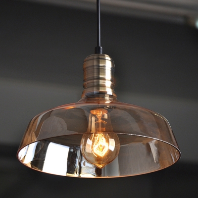 Industrial Vintage Hanging Pendant Light Barn Style with Amber Glass Shade