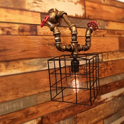 Industrial Wall Sconce with Square Metal Cage Frame Valve Decorative Pipe Style Fixture Arm